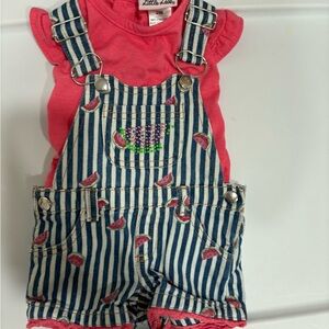 Little Lass Pink and Blue Striped Overalls Set
